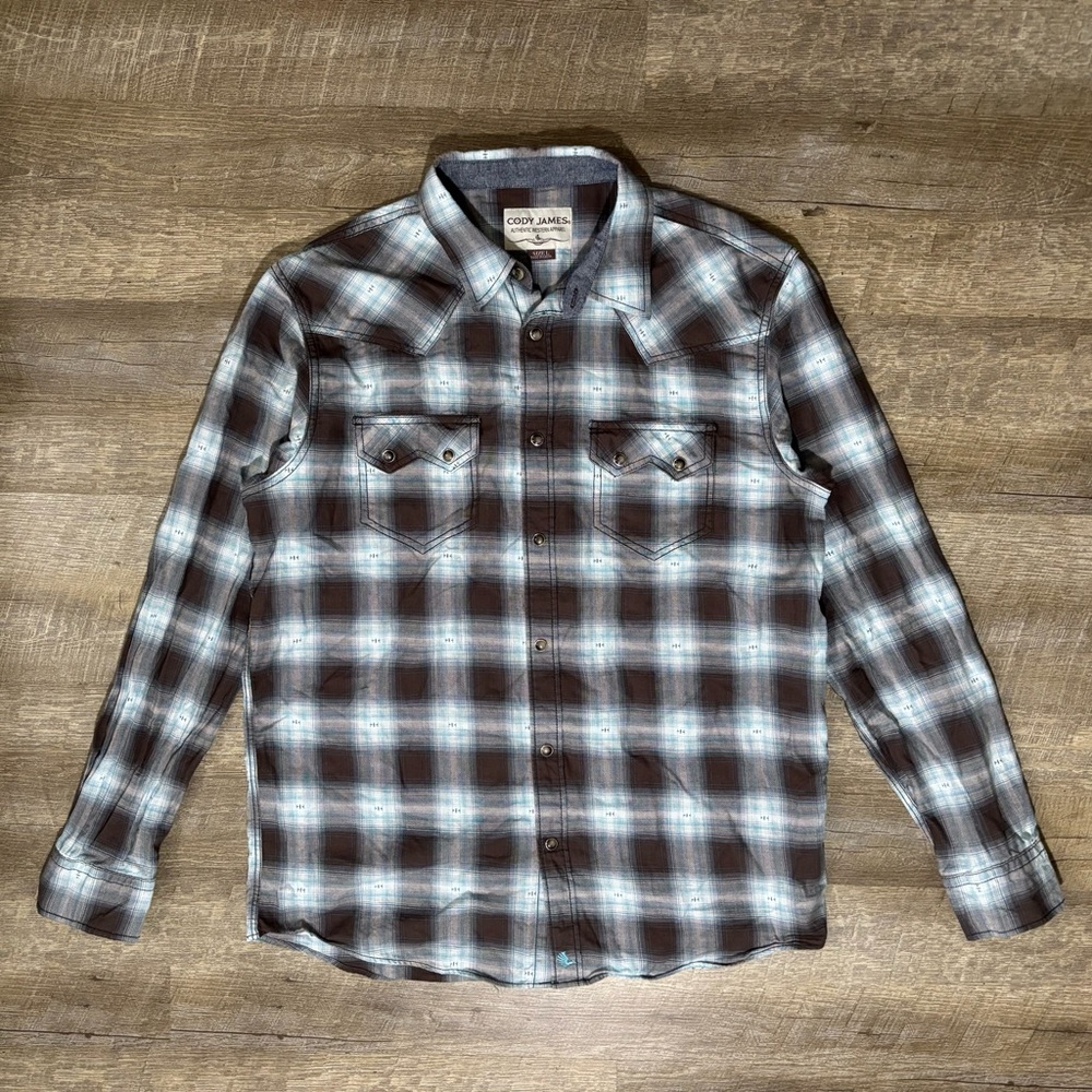 Cody James Pearl Snap Button Up Shirt Mens L Brown Plaid Western Cowboy
